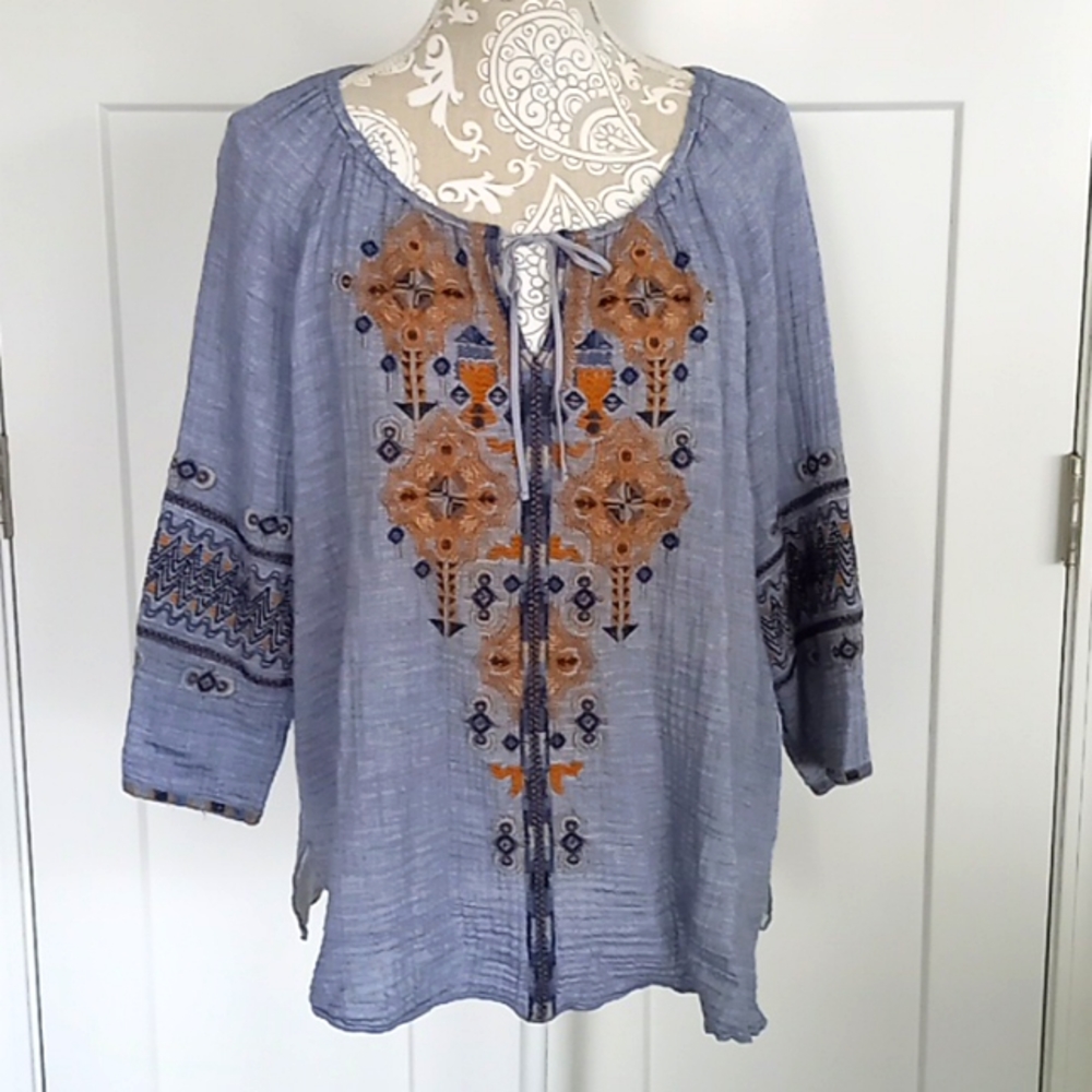 Johnny Was Embroidered Gauze Top Blue Size Large
